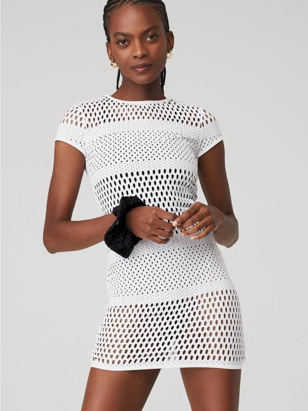 ALO Yoga White Open-Knit Short Sleeve Mini Dress
